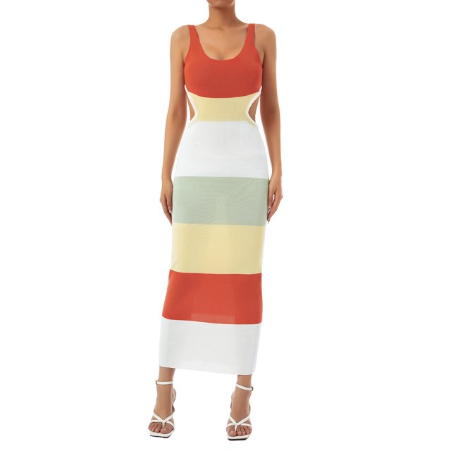 Fortune Robe Tricotée pour Femmes à Rayures/de Couleur Unie, Taille Ajourée, Dos Nu, à Nouer, Longue