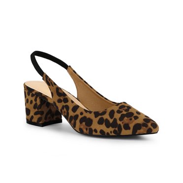 BLISSFUL STEP Women's Heels Point Toe Block Heel Pumps Slingback Faux Suede Heels Leopard 8.5