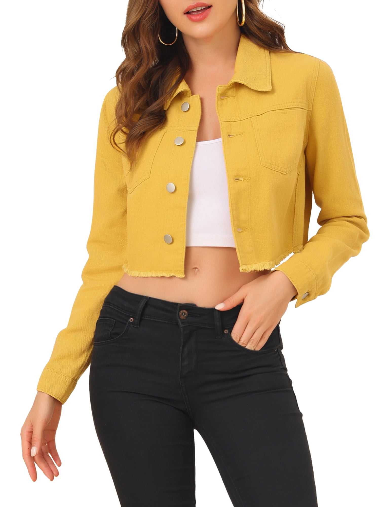 INSPIRE CHIC Veste en Jean pour Femme, Effilochée, Boutonnée, Lavée, Courte, Veste en Denim, S, Moutarde