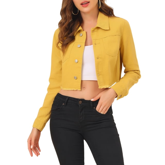 INSPIRE CHIC Veste en Jean pour Femme, Effilochée, Boutonnée, Lavée, Courte, m Moutarde