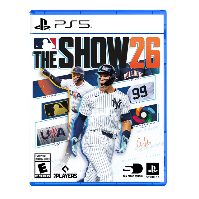MLB The Show 26 PlayStation 5 game cover featuring a New York Yankees player in pinstripe uniform with batting gloves, a USA baseball player in white uniform, and a Bulldogs college jersey. The cover displays MLB and World Baseball Classic logos, the number 99, and a signature, highlighting High School, College, and MLB modes.