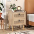 thumbnail image 2 of Costway 2 PCS Nightstand End Bedside Table with 2 Rattan Drawers & Solid Wood Legs White Natural, 2 of 10