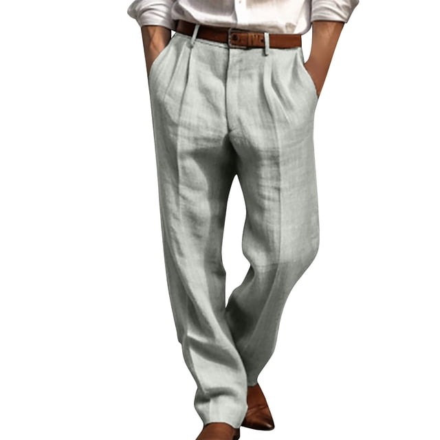 hotojiny Mens Dress Pants Lightweight Button Loose Fit Pleated Slacks Summer Linen Solid Color Beach Yoga Trousers with Pockets