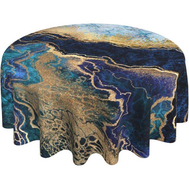 Nappe Ronde Bleu Marbre 60 Pouces Lavable Réutilisable Décoration Housse de Table pour Cuisine Fête
