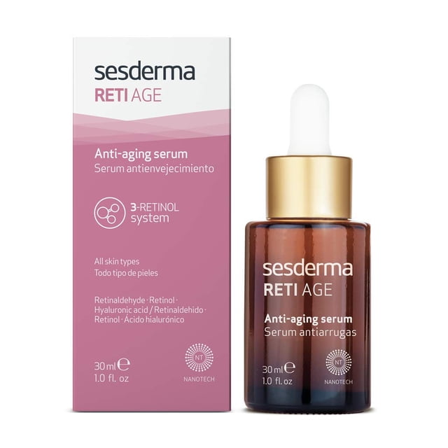 Sesderma Retiage Sérum Facial Anti-âge, 30 ml, Exposé à Côté de Son Emballage. la Bouteille de Sérum Est Ambre avec un Bouchon Doré et un Compte-Gouttes Blanc, Tandis Que la Boîte Met en Valeur des Caractéristiques comme le Système 3-Rétinol et Convient à Tous les types de Peau, Ciblant les Rides et la Perte d'Élasticité.