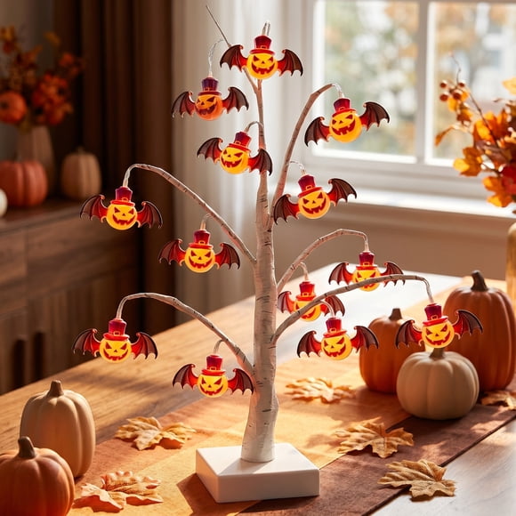 Kmonabie Lampe Arbre Citrouille LED Bouleau Artificiel Veilleuse de Table pour Chambre Salon Manteau de Cheminée, Déco Ambiante Lueur Chaude avec Mini Ornements Citrouille, USB à Piles Sécuritaire Faible