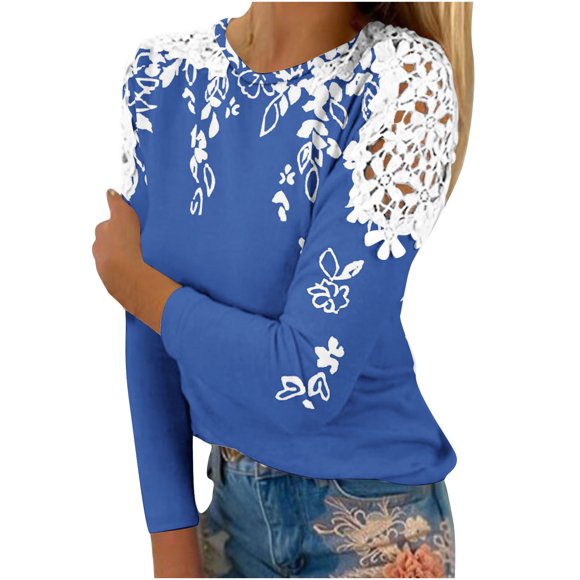 lcziwo Womens Fall Tops Dressy Casual Hollow Out Crochet Lace Trim Long Sleeve Floral Graphic Print Tee Shirts Loose Blouses 2024 Todays Daily Deals Blue