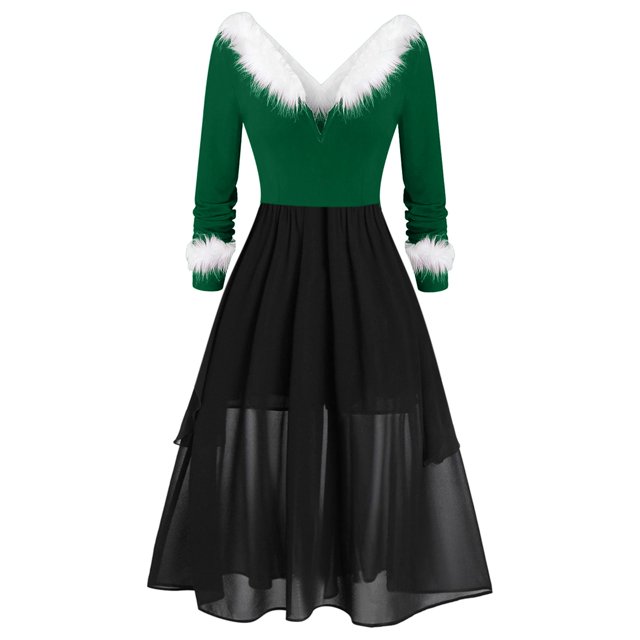 TJAZFJPA Robes Maxi pour Femmes Vacances Femmes Noël Patchwork Col en V Panneau Manches Longues Col en V Robe Asymétrique Robes de Plage pour Femmes Robes Scintillantes pour Femmes