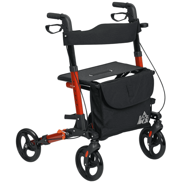 HOMCOM Déambulateur Pliant Ajustable Walker avec Siège Doté d'Un Cadre en Aluminium Enduit de Poudre Rouge, Siège en Tissu Noir avec Dossier et Quatre Roues de 8 Pouces. Comprend un Sac de Rangement avant, des Freins à Main Doubles et un Porte-Canne. Hauteur Réglable et Conception Pliable pour la Portabilité. Convient aux Utilisateurs de 5,2 à 6,2 Pi de Hauteur, avec une Capacité de Charge de 299 Lb.