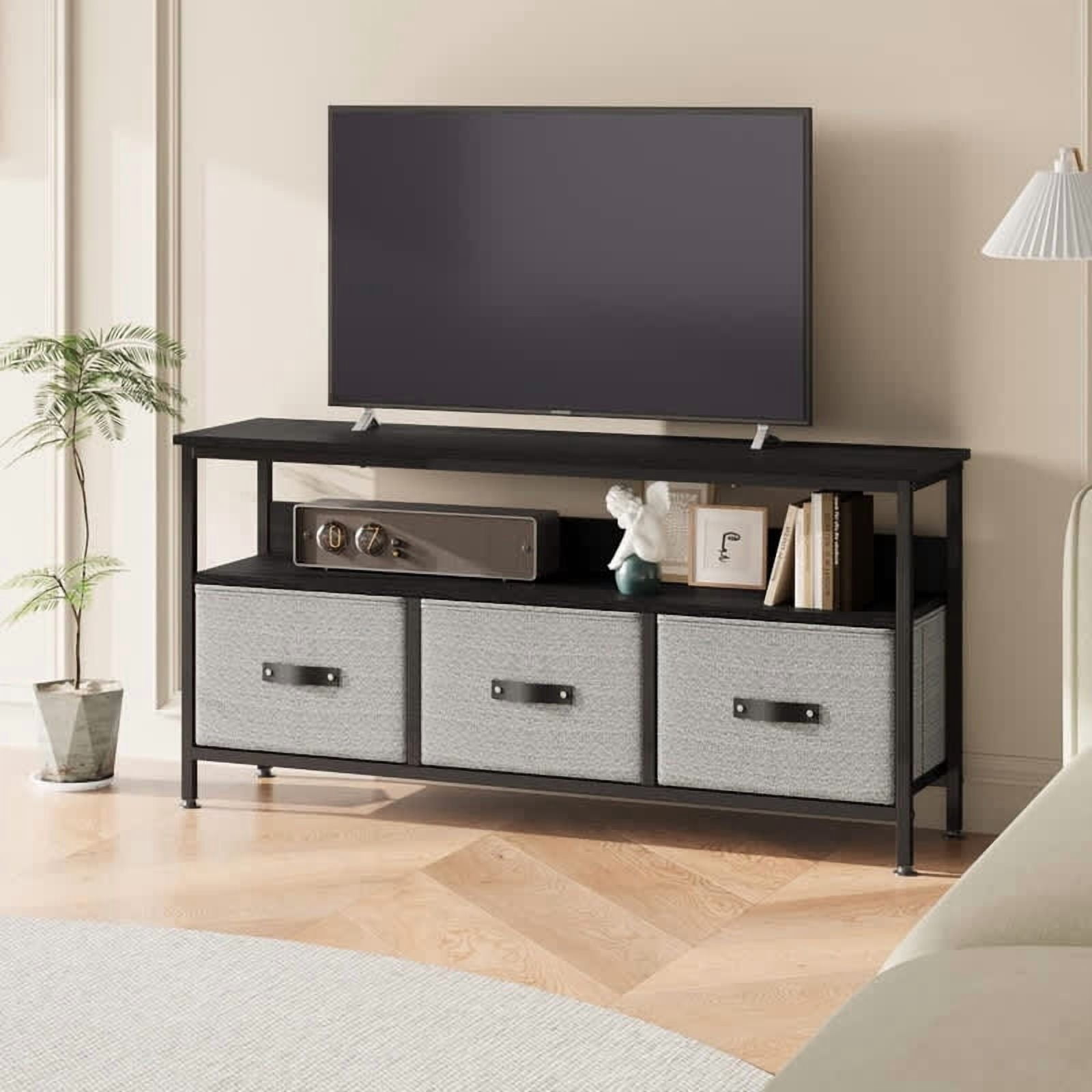 Ourlova 55 Inch TV Stand for Living Room, Dresser-Style TV Stand with 3 Drawers, Compact Entertainment Center with Storage Solutions, TV Console Table for Bedroom, Black Finish with Grey Drawers