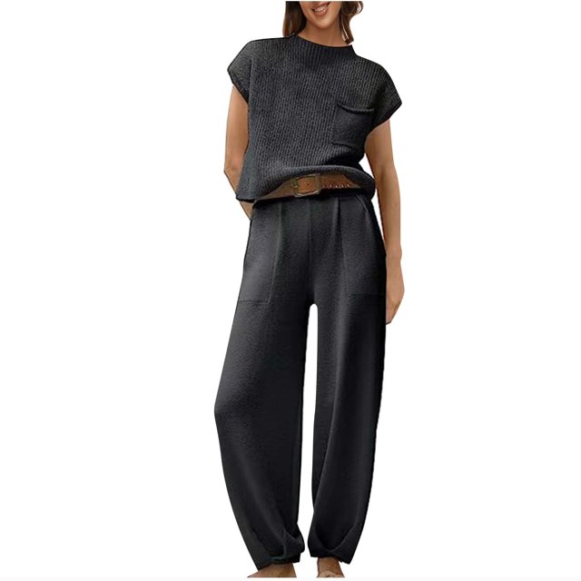 Timegard Ensembles Lounge pour Femmes, Hauts Courts à Manches Cap, Pantalons à Bas Resserré avec Poches, Tenues Amples de Couleur Unie