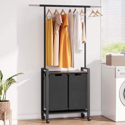 Trieur de Lessive, Panier à Linge à 2 Sections avec Support Suspendu, Panier à Linge Roulant avec Panier à Linge Amovible, Organisateur de Panier à Linge pour Buanderie, Brun Rustique
