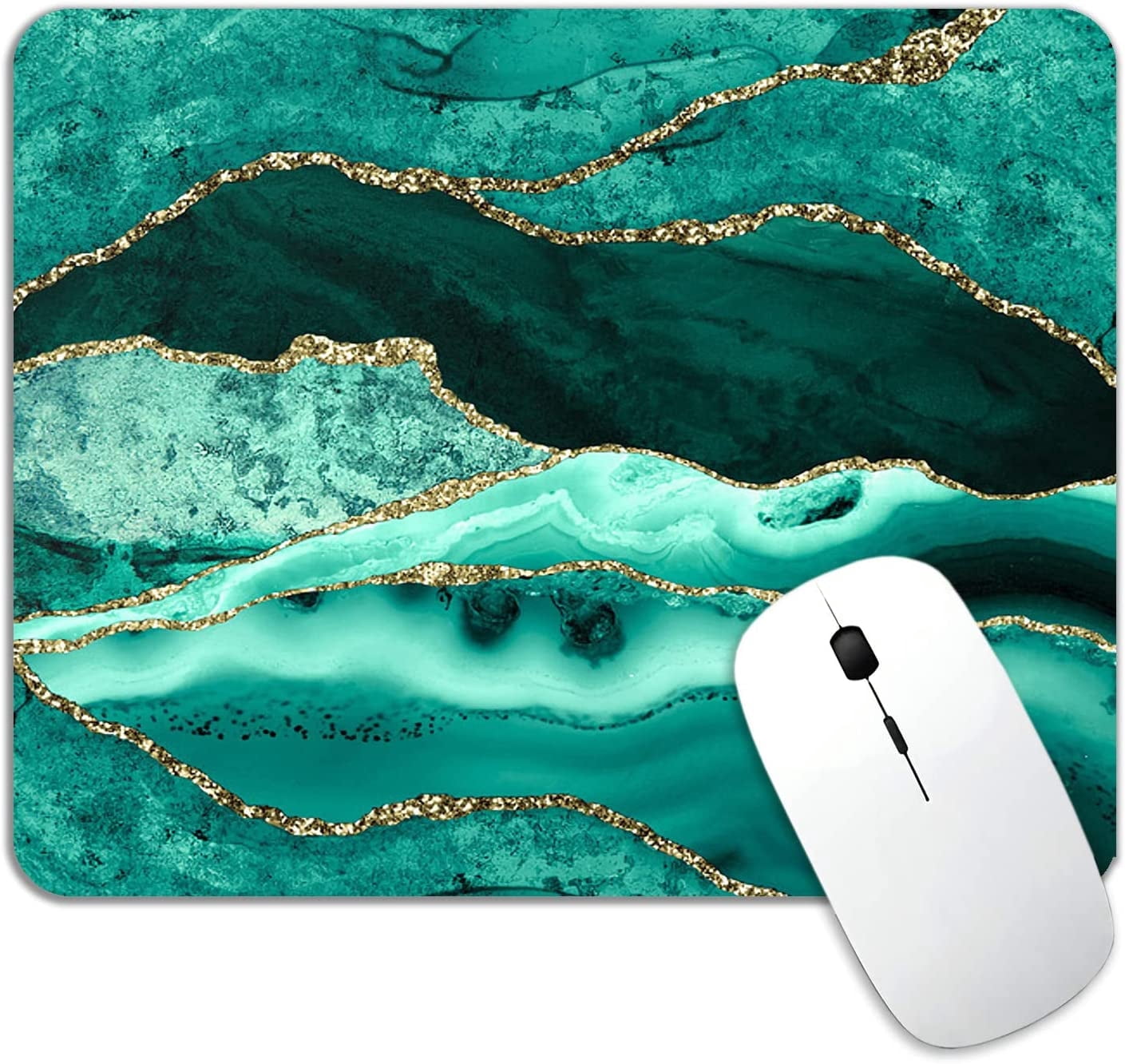 Green Marble Mouse Pad, Modern Waterproof Anti Slip Rubber Base Gaming Mousepad for Computer Laptop, Gold Agate Mouse Pad with Design for Women Working, 9.5x7.9 Inch, Green Agate