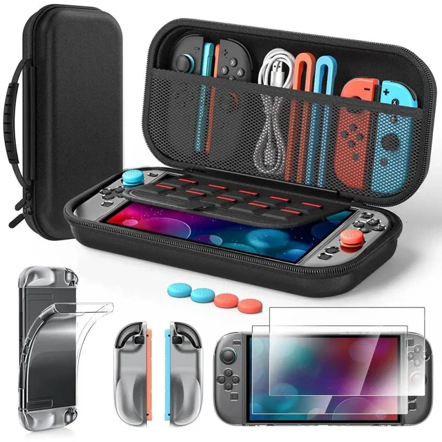 Accessories for Nintendo Switch 2 2025, including a portable hard shell carrying case with a custom-molded interior for secure storage, 2 HD tempered glass screen protectors, a TPU protective skin for scratch resistance, 4 ergonomic thumb grips, and a dust plugs kit. The lightweight EVA case features dual zippers, a cushioned silicone handle, and a soft lining to prevent scratches. It also includes a mesh compartment for accessories like an AC adapter, Joy-Con grip, HDMI cable, and slots for 10 game cards. The bundle offers comprehensive protection with 9H tempered glass screen protectors and shock-absorbent TPU skin. Ideal for travel and organized storage.