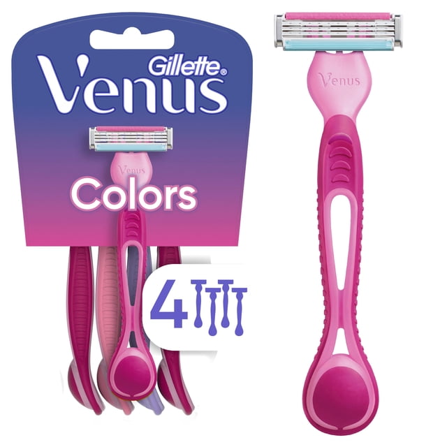 Venus Simply 3 Colors disposable razors pack containing four women's razors with multicoloured soft grip handles in pink and purple shades, each featuring a 3-bladed pivoting head with Lubrastrip infused with vitamin E for glide and a close, comfortable shave.