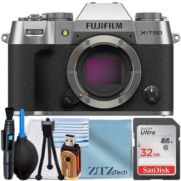 FUJIFILM X-T50 Appareil Photo Sans Miroir - Argent (Boîtier Seulement) avec Carte Mémoire SanDisk 32 Go + Ensemble d'Accessoires ZeeTech