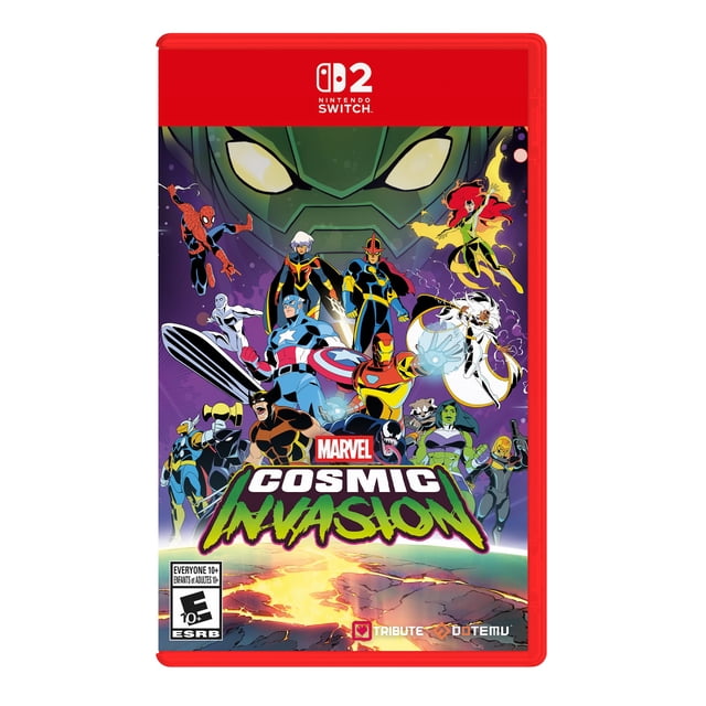MARVEL Invasion Cosmique Nintendo Switch 2 Couverture de Jeu Mettant en Vedette l'Art pixel des Superhéros MARVEL, Dont Spider-Man, Captain America, Iron Man, Wolverine et d'Autres, dans des poses Dynamiques sur Fond Cosmique avec un Grand Visage de Méchant Vert et une surface de Planète Fissurée Lumineuse en Dessous, Représentant une Aventure Cosmique « beat 'em up ».