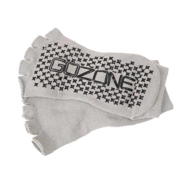 GoZone Yoga Socks – Grey, toeless grey yoga socks with black silicone star grips on the sole and arch for improved traction, made from breathable, absorbent fabric, one size fits most, machine washable, ideal for yoga and Pilates practice.