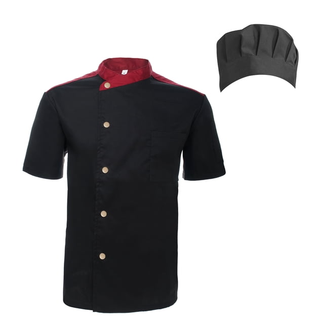 TopTie Unisex Short Sleeve Cooking Chef Coat Jacket with Adjustable Hat-Black Snap-M