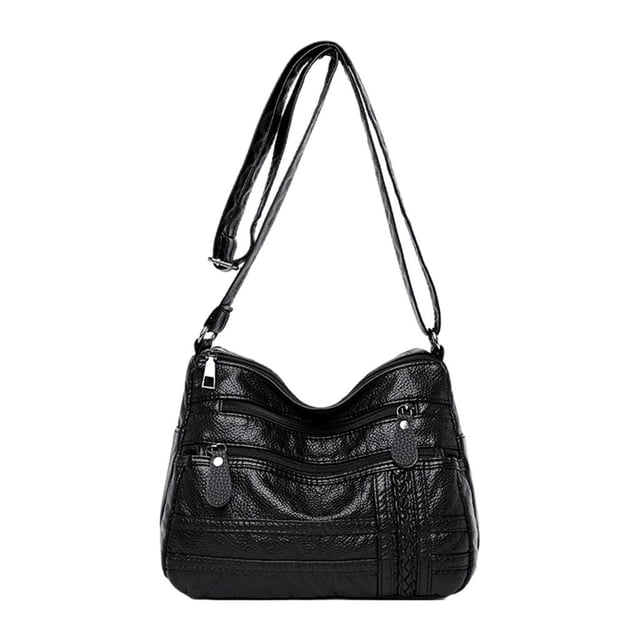 Women, Soft PU Leather Shoulder Bags in black with a multi-layer design. The bag features multiple zippered pockets for organization and a comfortable adjustable strap. Made of premium PU leather, it measures 24x8x17cm (9.45x3.15x6.69 inches) and is suitable for travel, shopping, or daily use.