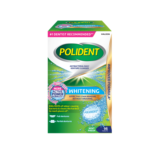 Polident Whitening 96ct boxed pack of 96 whitening denture cleaning tablets, centered front-facing product shot with visible product name on packaging; a denture cleanser and whitening tablet format, often used to freshen denture storage cases during travel.