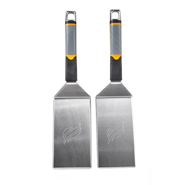 Blackstone Signature Ensemble de Spatules pour Plaque de Cuisson avec Deux Spatules en Acier Inoxydable Comprenant des Lames Rectangulaires, des Poignées en Plastique Résistantes à la Chaleur avec des Poignées en silicone Grises, et des Ouvre-Bouteilles Intégrés, Convient pour la Cuisson sur Barbecue et Plaque de Cuisson en Plein Air.