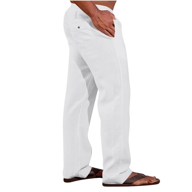 Aqestyerly Men's Cotton Linen Pants Casual Elastic Waist Pocket