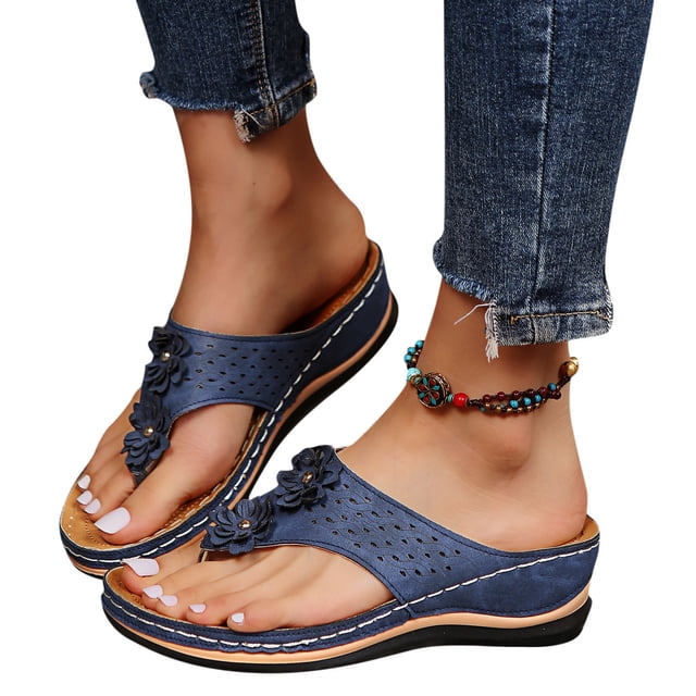 Sandales de Plage Orthopédiques à Fleurs pour Femmes, Style Bohème, à Plateforme Compensée, Sandales à Enfiler pour Robe, Plage, Été, Marche