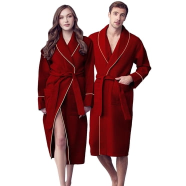 Canadian Linen Women Shawl Collar Terry Waffle Bathrobe Soft Absorbent Cotton Bathrobes for Shower bath Women Salon Lounge Robes, Medium, Burgundy Red