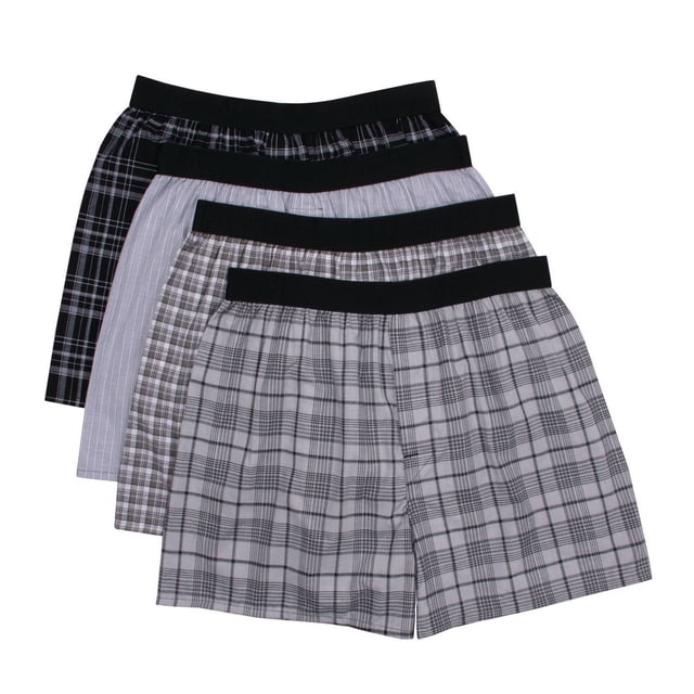 Hanes Boxeurs Tissés en Coton FreshIQ pour Hommes, Lot de Quatre, avec Motifs Assortis de Carreaux et de Rayures, Dotés de Ceintures Noires Comfort Flex et Fabriqués à Partir d'Un Doux Mélange Coton/polyester Qui Évacue l'Humidité pour Vous Garder au Frais et à l'Aise Toute la Journée.