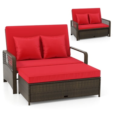 Gymax Causeuse-Lit de Jour en Rotin pour Patio avec Ottomane Multifonctionnelle, Rouge