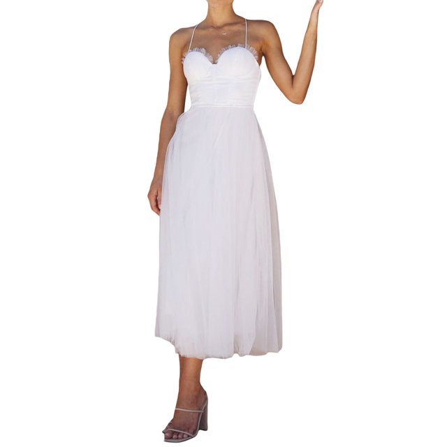 Gupgi Robe Longue en Tulle pour Femme Couleur Unie à Bretelles Spaghetti Dos Nu Corset Robes Cocktail Robe de Soirée Formelle