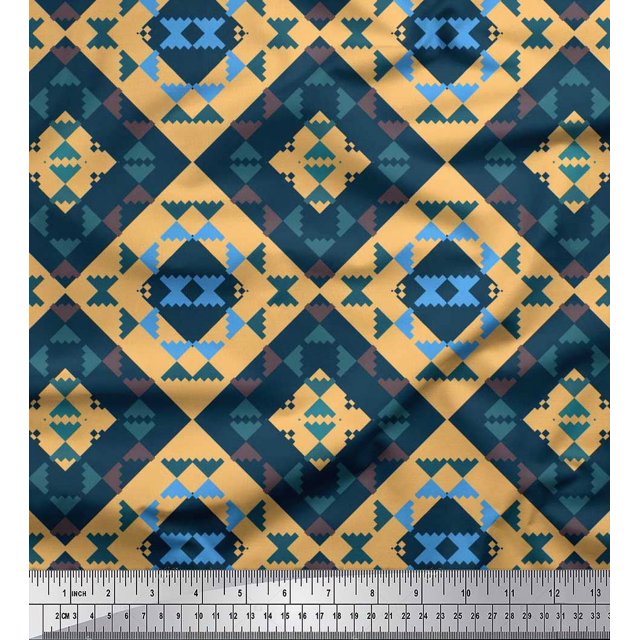 Soimoi Orange polyester Crepe Fabric Check & Geometric Print Sewing Fabric Yard 42 Inch Wide