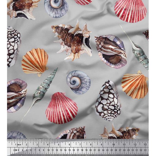 Soimoi Crepe Silk Fabric Colorful Shells Ocean Print Fabric by Yard 42 Inch Wide