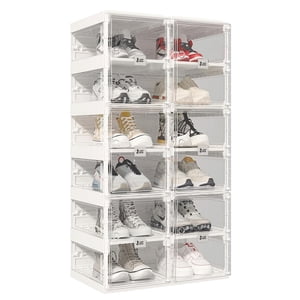 ANTBOX Clear 6-Tier Foldable Stackable Shoe Rack Organizer Cabinet for 12 Pairs, Magnetic Door, Durable Plastic Storage Box