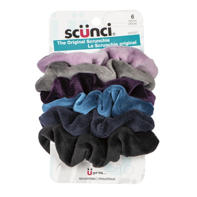 6 Pack Velour Scrunchie by Scünci featuring six soft velour hair ties in lavender, grey, dark purple, blue, navy, and black on original packaging, suitable for crafting, weaving, or everyday hair styling.