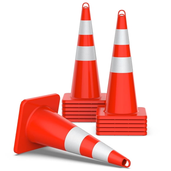12 Pack Traffic Cones 28 Inch Safety Cones with Reflective Collar, Orange Cones with Weighted Base and Hand-Held Ring Used for Traffic Control, Parking Lot, Driving Training.