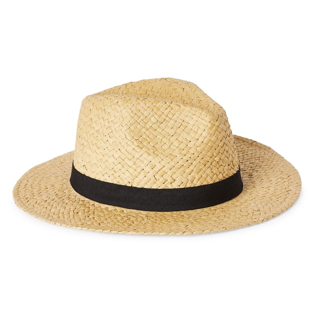 George Chapeau Panama pour Homme en Paille Tressée beige Naturelle à Grand Bord avec Couronne Bosselée, Accentué d'Un Ruban Noir, Convient à la protection Solaire et aux Tenues de Plage.