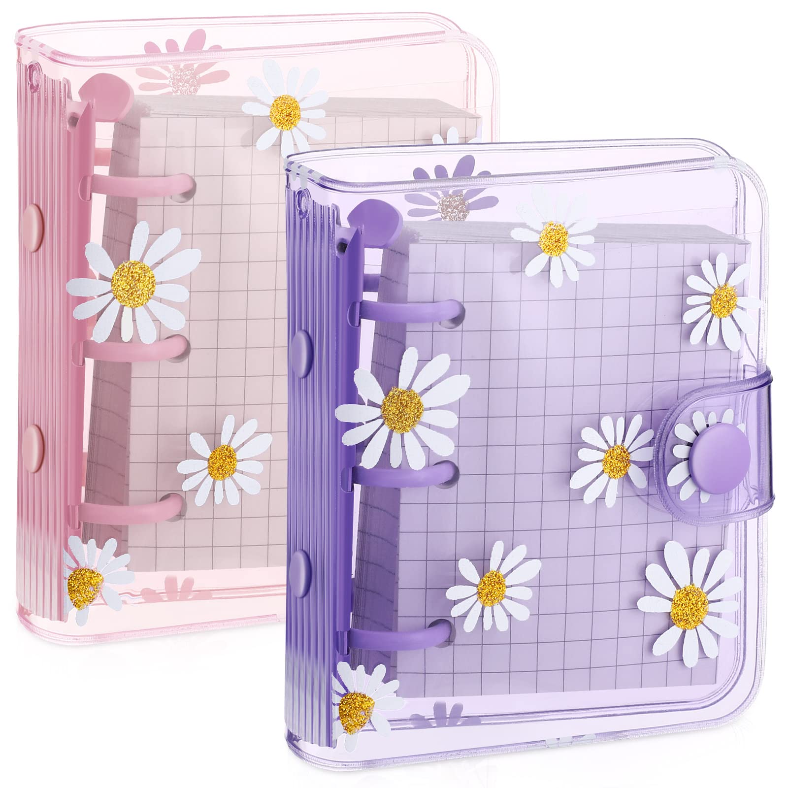 2 Sets Mini Transparent 3 Ring Binder Covers Mini Binder Daisy PVC Notebook Loose Leaf Binder 3 Ring Journal Notebook Round Ring Binder Cover Protector for Diary Journal