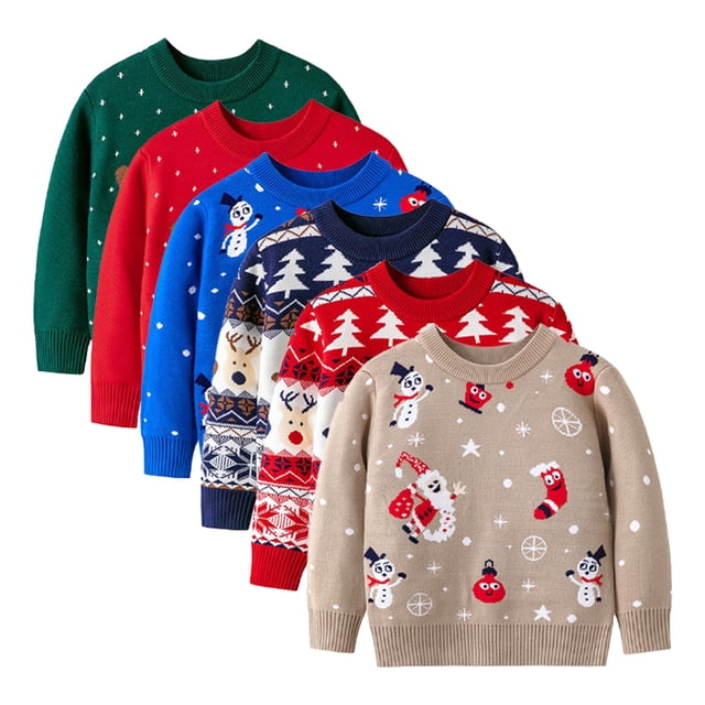 KYAIGUO Chandail de Noël pour Tout-Petits Enfants Filles Garçons Automne Hiver Dessin Animé Col Rond Blouse Hauts 2-9T Doux Extensible Chandail Tricoté Chandail Manches Longues Chandails