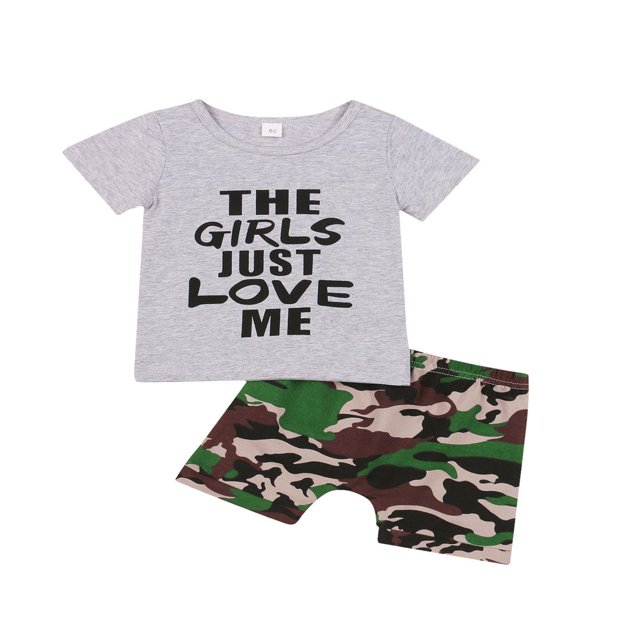 KuriozudKids Blouse à Manches Courtes Col Rond Imprimé Lettre Camouflage Shorts
