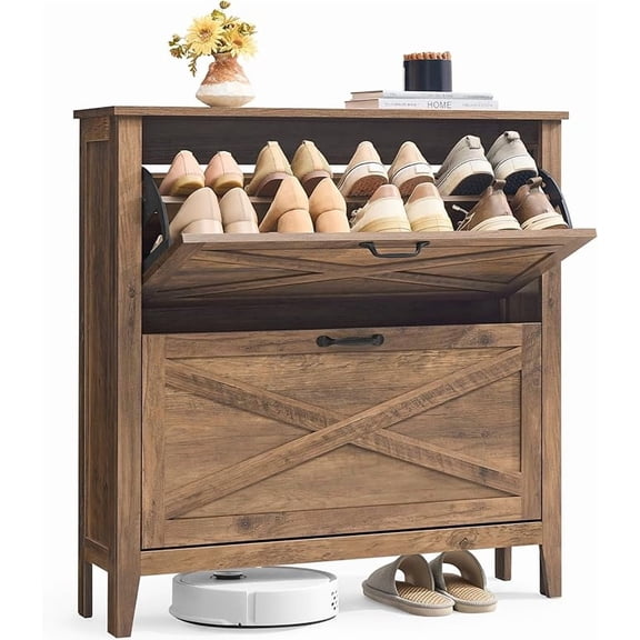 Shoe Storage Cabinet Organizer with 2 Flip Drawers, Narrow Farmhouse Entryway Organizer, Brown