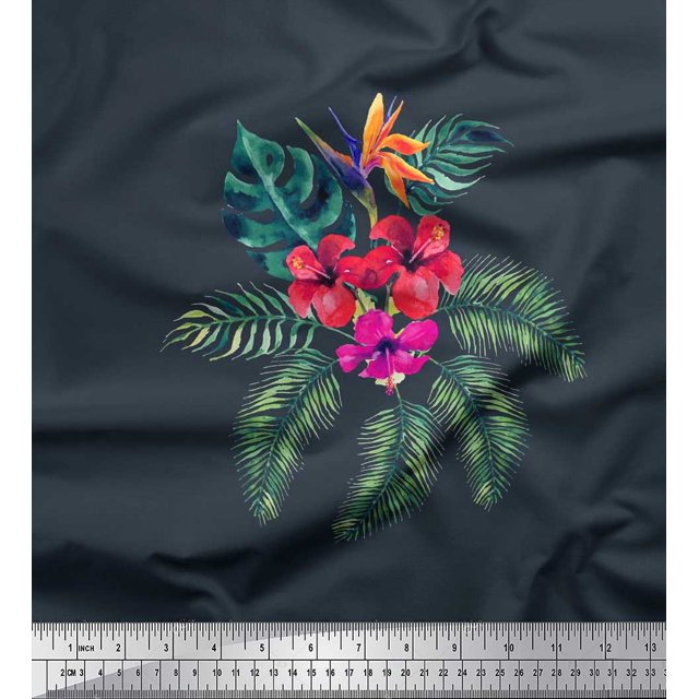 Soimoi polyester Crepe Fabric Floral & Leaves Tropical Print Sewing Fabric Yard 52 Inch Wide