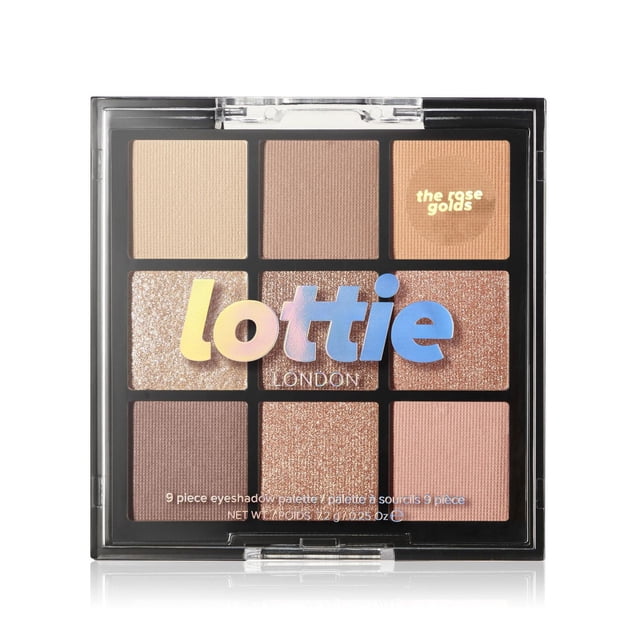 Lottie London Palette de Fards à Paupières 9 Pcs Comprenant Neuf Teintes Or rose Chaudes en Fini Mat et Scintillant, Disposées dans un Étui Noir compact avec Couvercle Transparent et logo Lottie London Coloré, Adaptée pour Créer des looks d'Yeux Polyvalents.