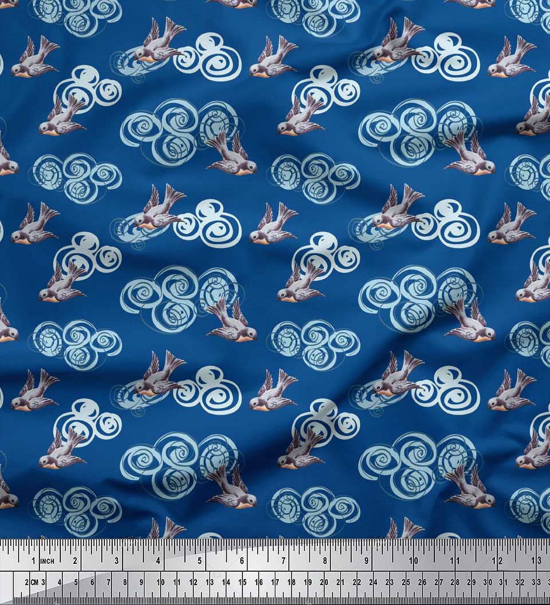 Soimoi Satin Silk Fabric Clouds & Bullfinch Bird Print Fabric by Yard 42 Inch Wide