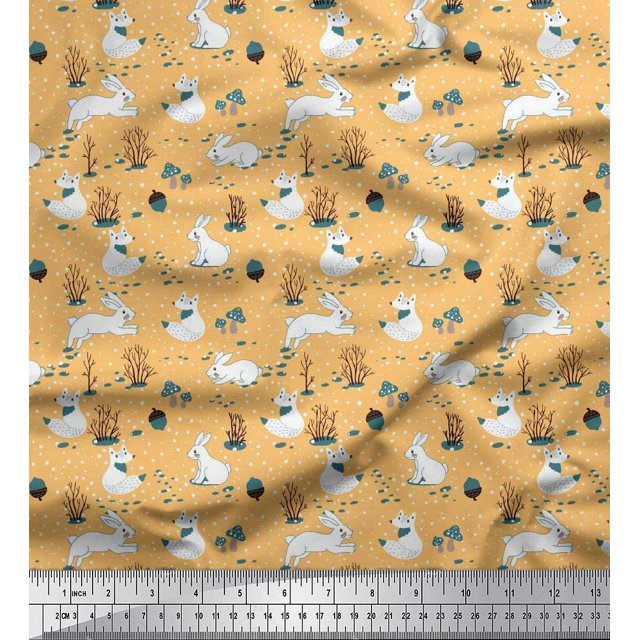 Soimoi Orange Polyester Crepe Fabric Mushroom,Oaknut & Rabbit Animal Decor Fabric Printed BTY 52 Inch Wide