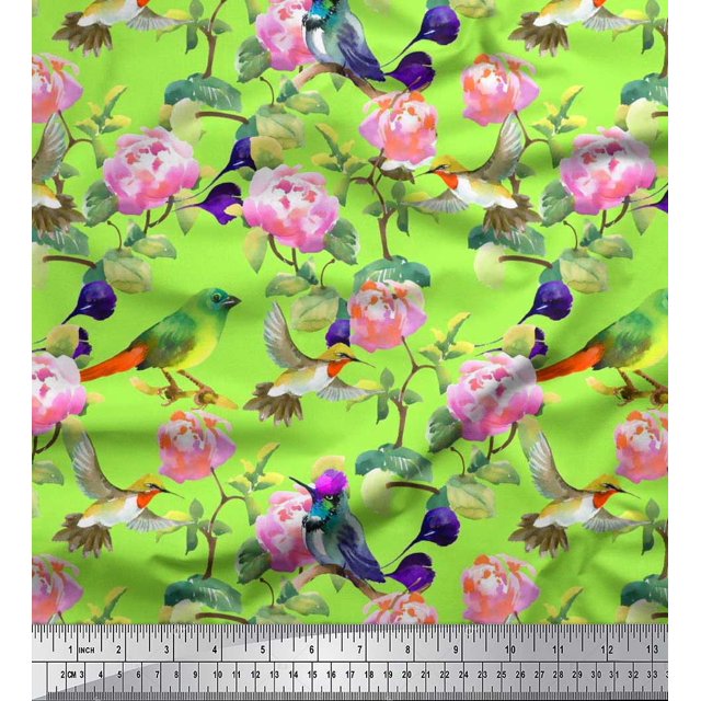 Soimoi Rayon Fabric Leaves,Floral & Hummingbird Bird Print Sewing Fabric Yard 56 Inch Wide