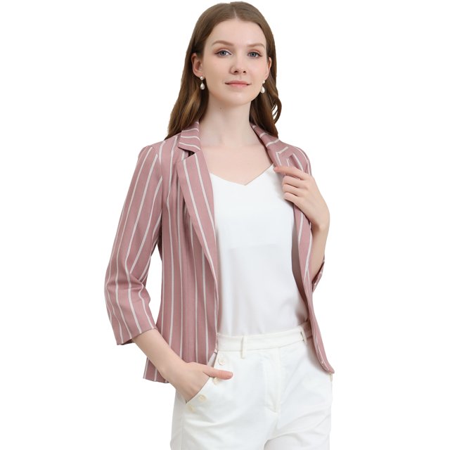 INSPIRE CHIC Blazer à Rayures pour Femme Manches 3/4 Décontracté Ouvert à l'Avant Revers Cranté Blazer S Rose Foncé