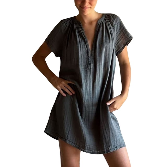 Amzcrzy Robes pour Femmes Grande Taille Robes P-5TG Tendance Couleur Unie Robes d'Été pour Femmes Col en V Manches Courtes Robe d'Été Décontractée Plissée Surdimensionnée Mini-Robe