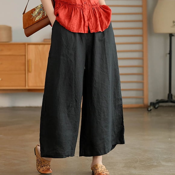 CFLVAEK Plus Size Womens Cotton Linen Culottes with Pockets Elastic Waist Yoga Pant Baggy High Rise Drawstring Trousers Casual Wide Leg Palazzo Pants